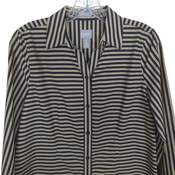 Chicos Blouse Sz 0 Sz 4 Black Tan Stripe Button-Down Shirt long sleeve collared - Picture 5 of 12